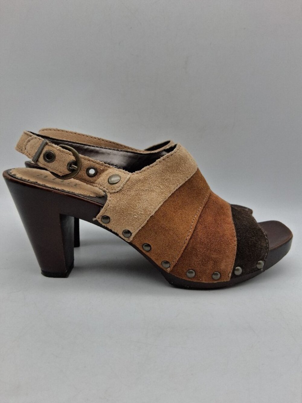 a.n.a  Suede Brown Tones Studded Wooden Heel Sz 8.5M Buckle Boho Hippie Country